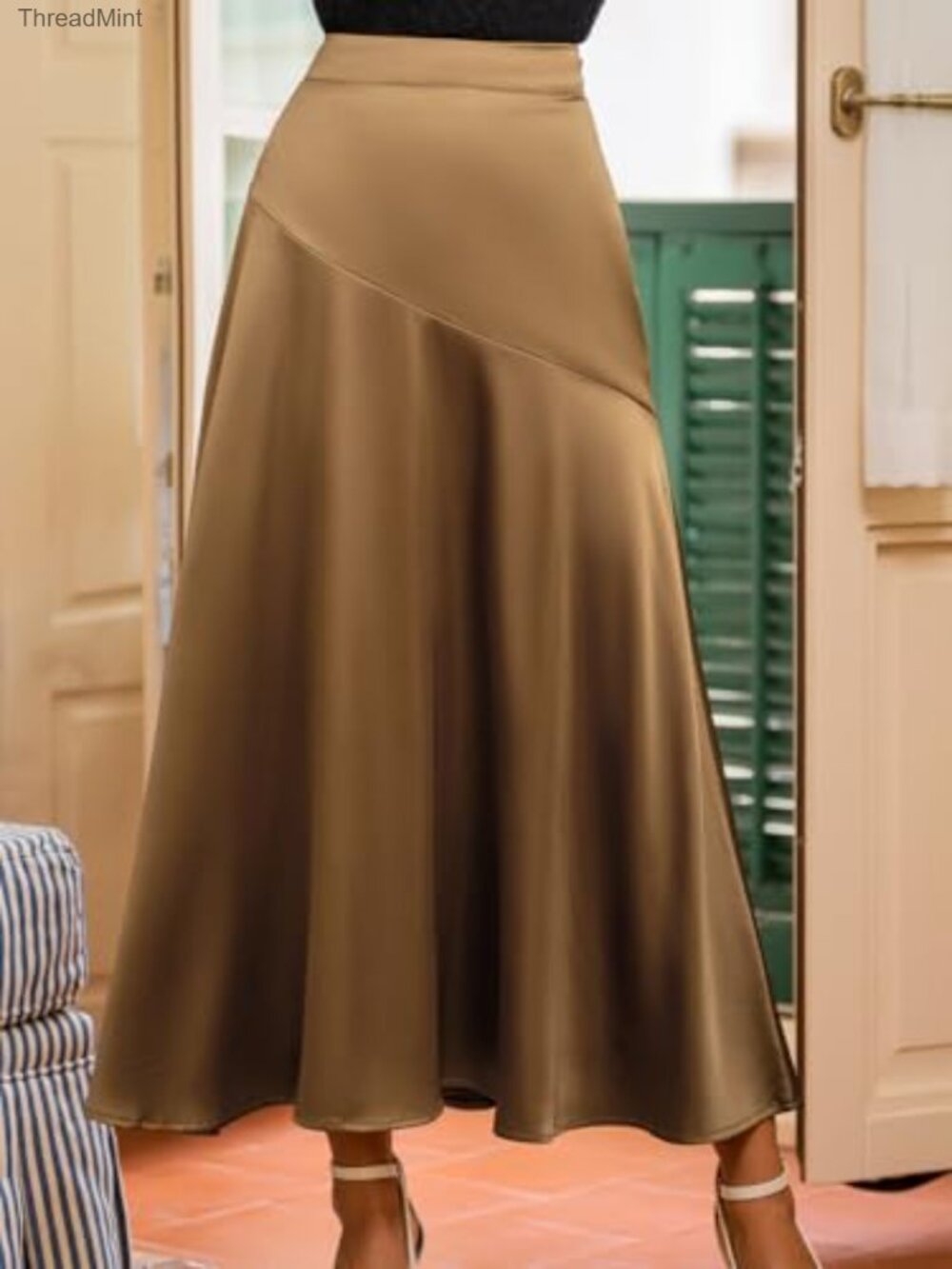 Satin Midi Skirt High Waisted A-Line Flowy Long Skirt Women - Picture 7 of 7